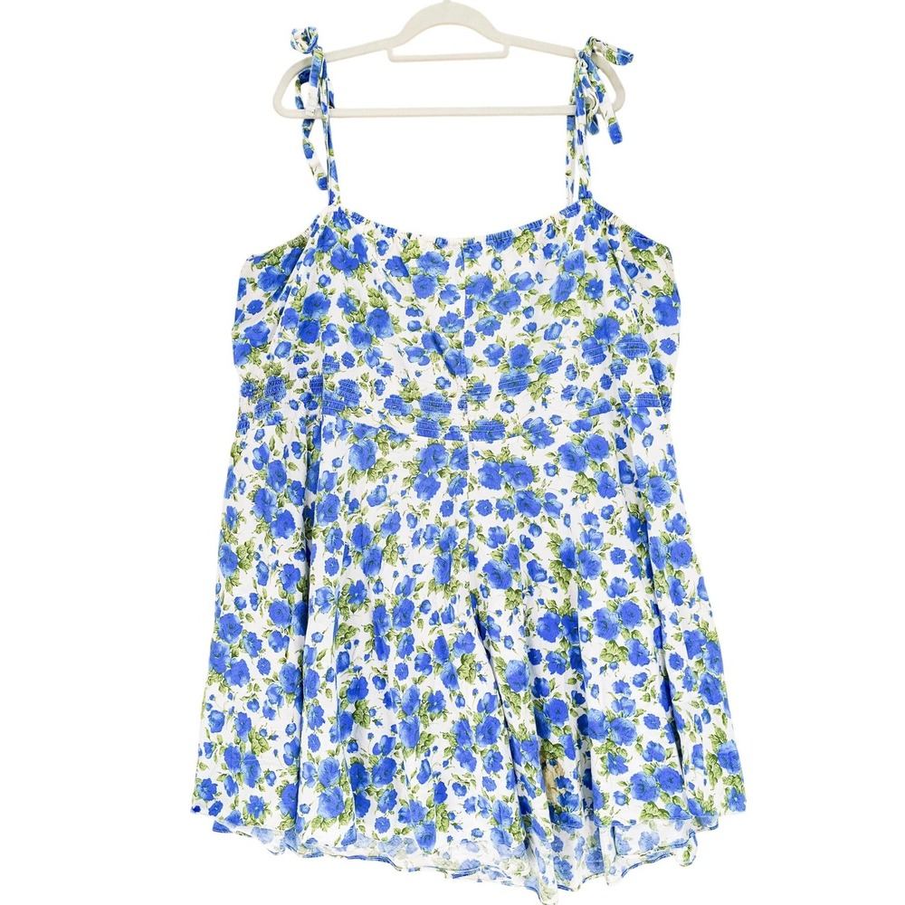 Maggie Tang White Shoulder Tie Blue Floral A-Line Dress 3XL Cottagecore Bohemian